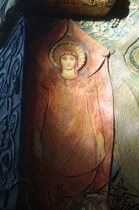 interior view of Watts Chapel showing one of the Celtic inspired Angels of light. copyright Carole Tyrrell