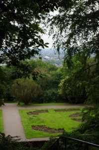 View over rose garden below the Castle as suburbia stretches on into the distance. copyright Carole Tyrrell