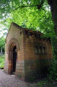 View of the Stearns mausoleum - note stepped roof and water spouts. copyright Carole Tyrrell