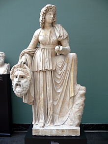 Roman statue of Melpomene 2nd century DA - not tragic mask in hand and the wreath of vines and grapes on her head refers to Dionysus, god of theatre. ©Wolfgang Sauber Licensed under wikipedia Creative Commons Attribution 3.0