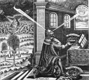 This is the Eikon Basilike of 1649 in which King Charles 1 is depicted as a Christian mratyr. https://commons.wikimedia.org/wiki/Commons:Copyright_tags#United_States 
